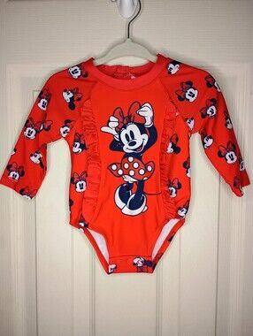 NWOT Disney Baby Girl Size 3-6M Red Minnie Mouse Long-Sleeve One-Piece Swimsuit
